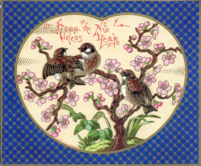 Framed Print : Birds with pink blossom on a New Year card Framed Print : Birds with pink blossom on a New Year card