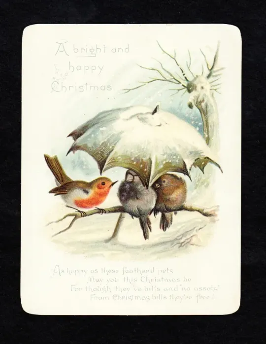 Framed Print : Birds sheltering under umbrella on a Christmas card Framed Print : Birds sheltering under umbrella on a Christmas card