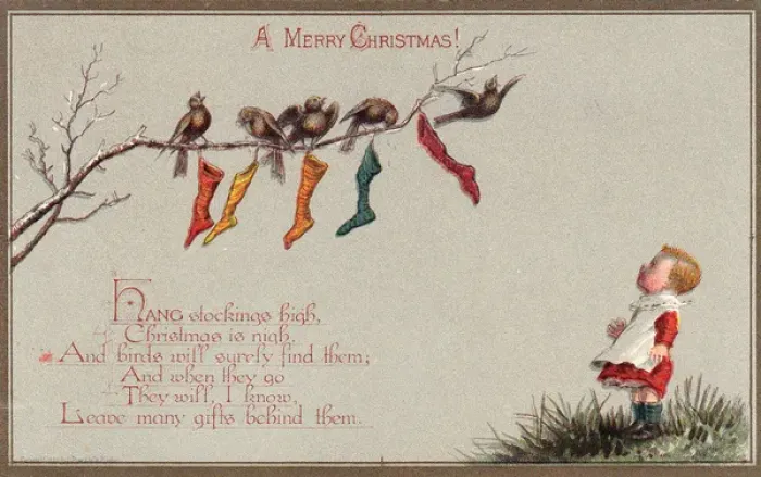 Framed Print : Birds and stockings on a Christmas card Framed Print : Birds and stockings on a Christmas card