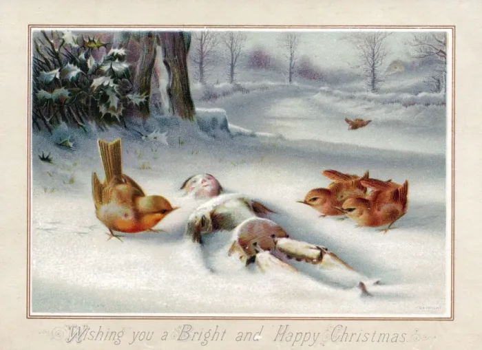 Framed Print : Birds with wooden doll in snow on a Christmas card Framed Print : Birds with wooden doll in snow on a Christmas card