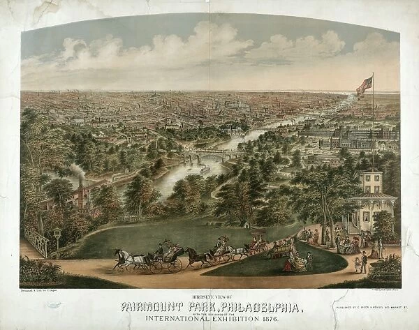 Birdseye view of Fairmount Park, Philadelphia, with the buil
