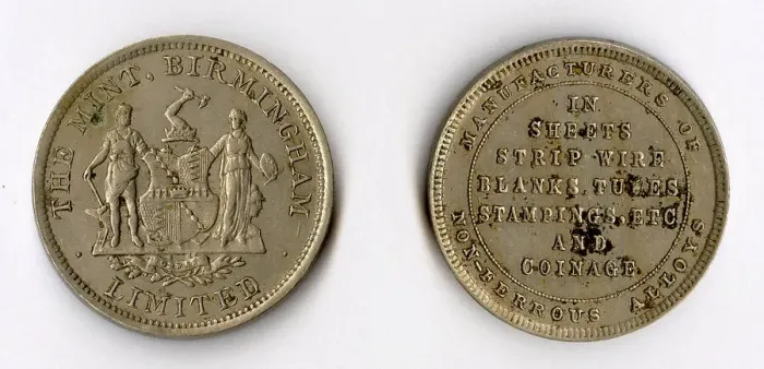 Framed Print : Birmingham Mint coin, advertising token, copper nickel - manufacturers of non-ferrous alloys (back and front). Date: circa 1900 Framed Print : Birmingham Mint coin, advertising token, copper nickel - manufacturers of non-ferrous alloys (back and front). Date: circa 1900
