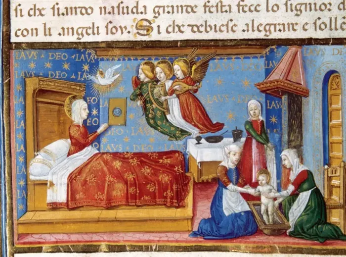 Framed Print : Birth of Mary. Codex of Predis (1476). Italy Framed Print : Birth of Mary. Codex of Predis (1476). Italy