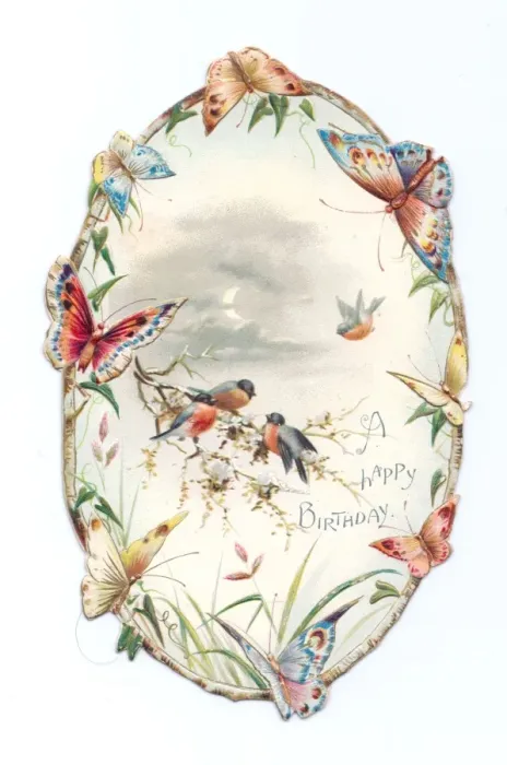 Framed Print : Birthday card with birds and butterflies Framed Print : Birthday card with birds and butterflies