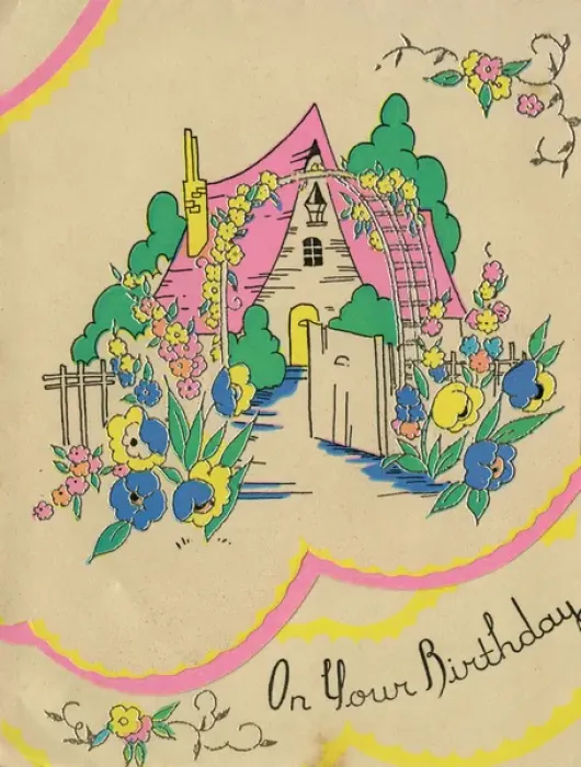 Framed Print : Birthday card with colourful country cottage Framed Print : Birthday card with colourful country cottage