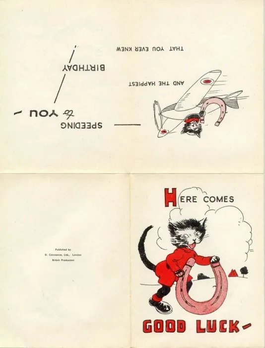 Framed Print : Birthday card, Good Luck, with black cat, aeroplane and horseshoe Date: 20th century Framed Print : Birthday card, Good Luck, with black cat, aeroplane and horseshoe Date: 20th century
