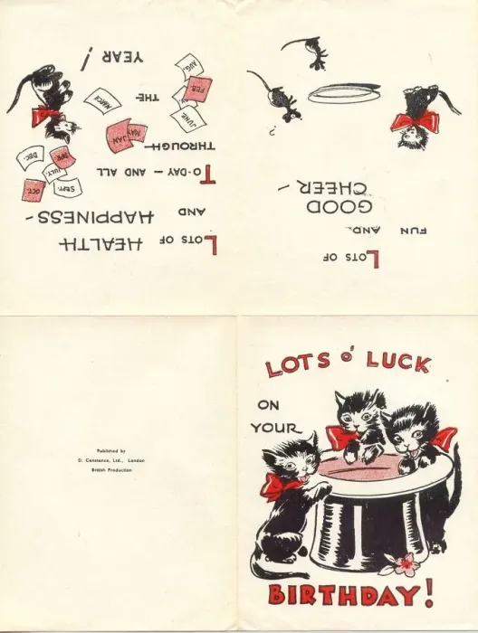 Framed Print : Birthday card, Lots of Luck, with three black cats and a top hat Date: 20th century Framed Print : Birthday card, Lots of Luck, with three black cats and a top hat Date: 20th century