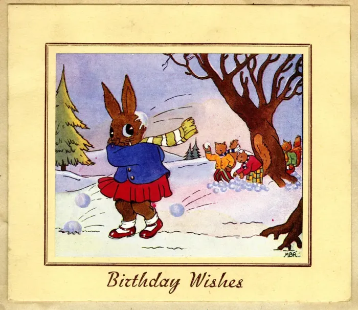 Framed Print : Birthday Card, rabbit snowballed by squirrels Framed Print : Birthday Card, rabbit snowballed by squirrels