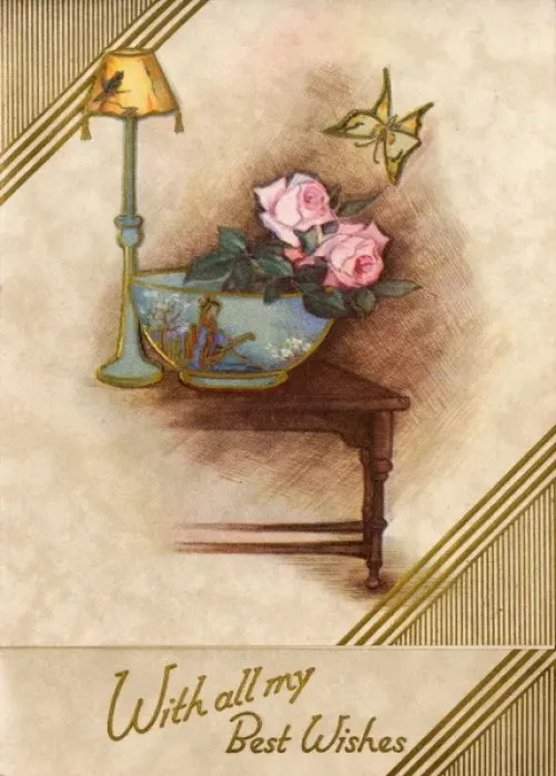 Framed Print : Birthday card with table, flowers and lamp Framed Print : Birthday card with table, flowers and lamp