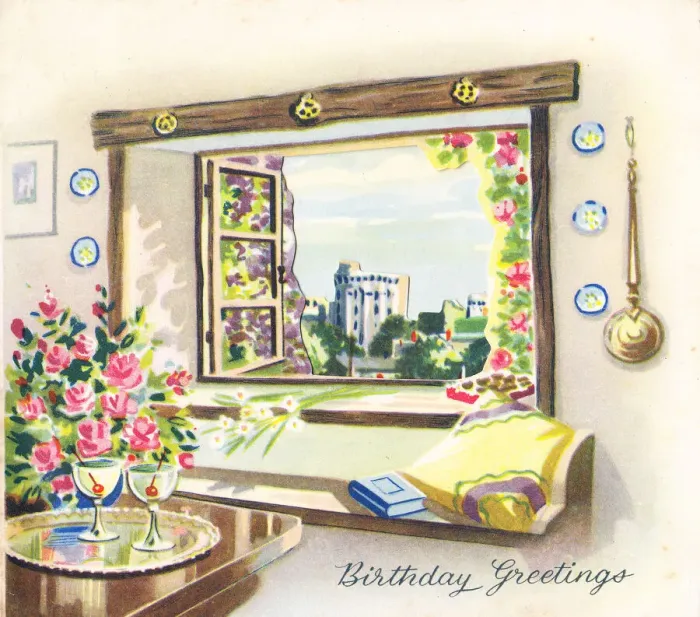 Framed Print : Birthday card with a view through a window Framed Print : Birthday card with a view through a window