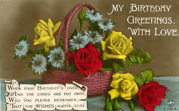Birthday postcard with basket of flowers and verse