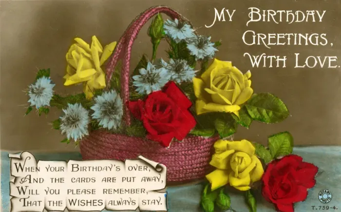 Framed Print : Birthday postcard with basket of flowers and verse Framed Print : Birthday postcard with basket of flowers and verse