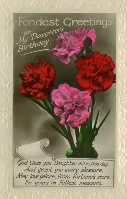 Framed Print : Birthday postcard with carnations and verse Framed Print : Birthday postcard with carnations and verse