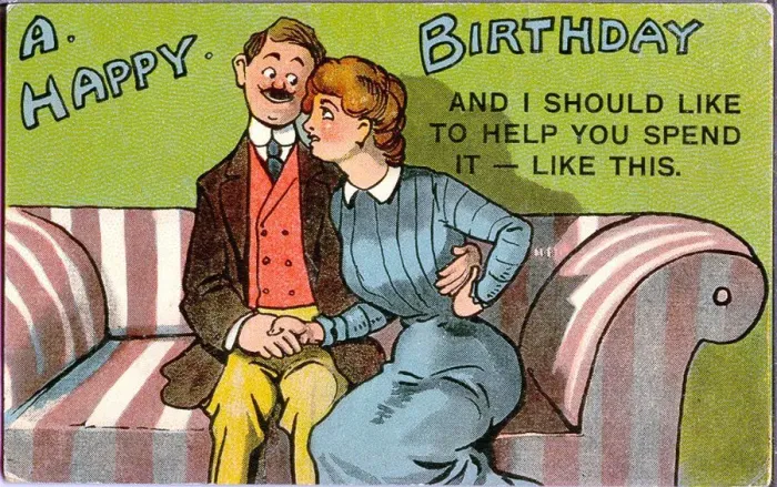 Framed Print : Birthday postcard, Couple on a sofa Date: 20th century Framed Print : Birthday postcard, Couple on a sofa Date: 20th century