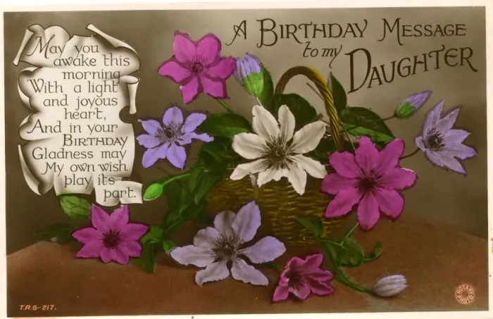 Framed Print : Birthday postcard with flowers and verse Framed Print : Birthday postcard with flowers and verse