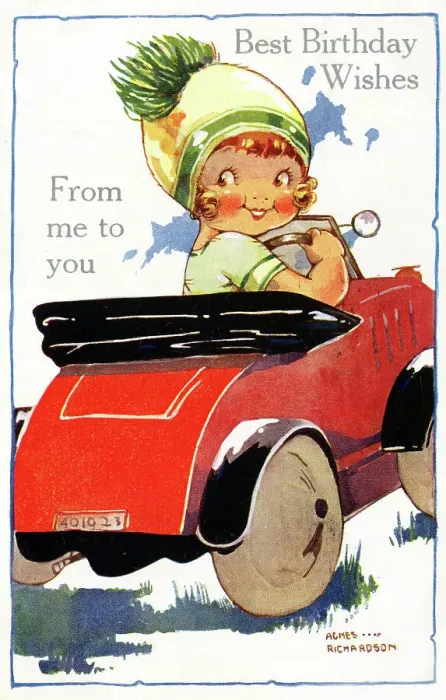 Framed Print : Birthday postcard, Girl driving a car, by Agnes Richardson Framed Print : Birthday postcard, Girl driving a car, by Agnes Richardson