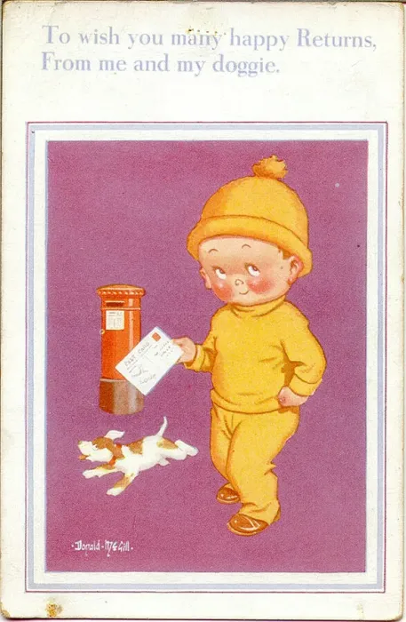 Framed Print : Birthday postcard, Little boy, dog and pillar box Framed Print : Birthday postcard, Little boy, dog and pillar box