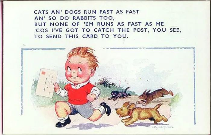 Framed Print : Birthday postcard, Little boy running to the post, chased by a cat, a dog and a rabbit Date: 20th century