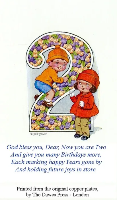 Framed Print : Birthday postcard, Little girl and boy, 2nd birthday Date: 20th century Framed Print : Birthday postcard, Little girl and boy, 2nd birthday Date: 20th century