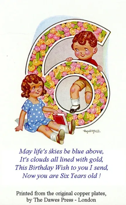 Framed Print : Birthday postcard, Little girl and boy, 6th birthday Date: 20th century Framed Print : Birthday postcard, Little girl and boy, 6th birthday Date: 20th century