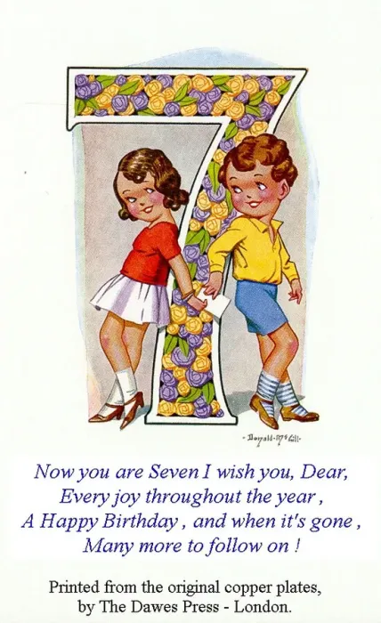 Framed Print : Birthday postcard, Little girl and boy, 7th birthday Date: 20th century Framed Print : Birthday postcard, Little girl and boy, 7th birthday Date: 20th century