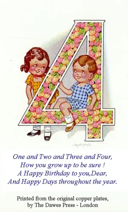 Framed Print : Birthday postcard, Little girl and boy, 4th birthday Date: 20th century Framed Print : Birthday postcard, Little girl and boy, 4th birthday Date: 20th century