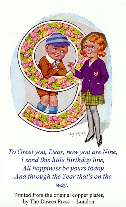 Framed Print : Birthday postcard, Little girl and boy, 9th birthday Date: 20th century Framed Print : Birthday postcard, Little girl and boy, 9th birthday Date: 20th century
