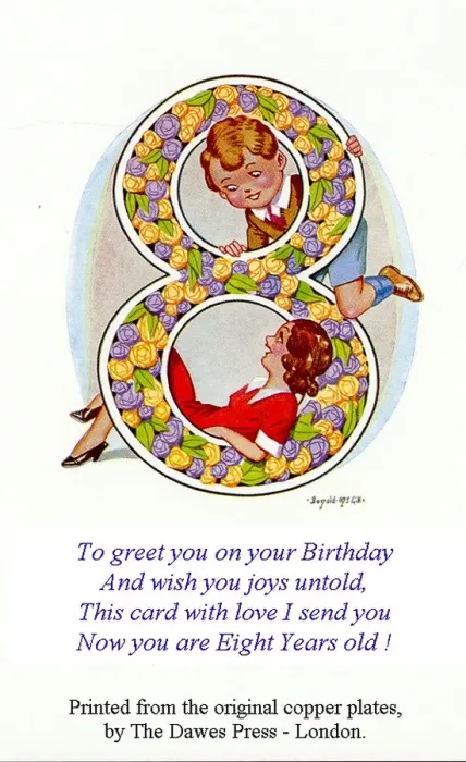 Framed Print : Birthday postcard, Little girl and boy, 8th birthday Date: 20th century Framed Print : Birthday postcard, Little girl and boy, 8th birthday Date: 20th century