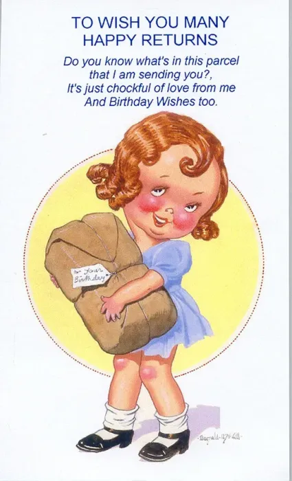 Framed Print : Birthday postcard, Little girl carrying a parcel Date: 20th century Framed Print : Birthday postcard, Little girl carrying a parcel Date: 20th century