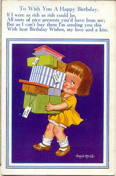 Birthday postcard, Little girl carrying a stack of presents
