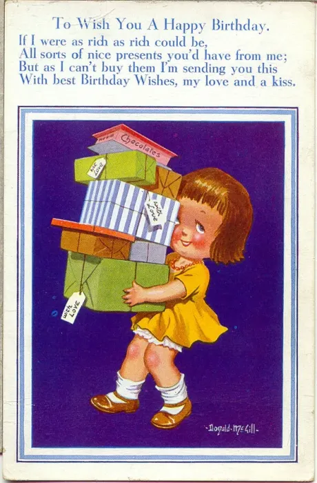Framed Print : Birthday postcard, Little girl carrying a stack of presents Framed Print : Birthday postcard, Little girl carrying a stack of presents