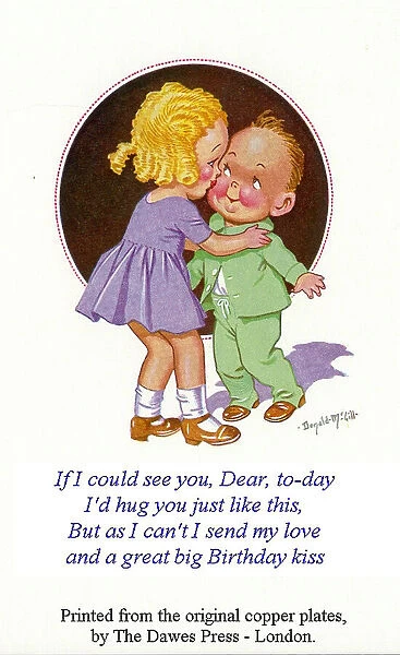 Birthday postcard, Little girl kissing little boy Date: 20th century