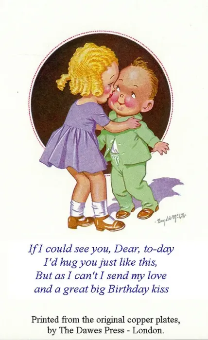 Framed Print : Birthday postcard, Little girl kissing little boy Date: 20th century Framed Print : Birthday postcard, Little girl kissing little boy Date: 20th century