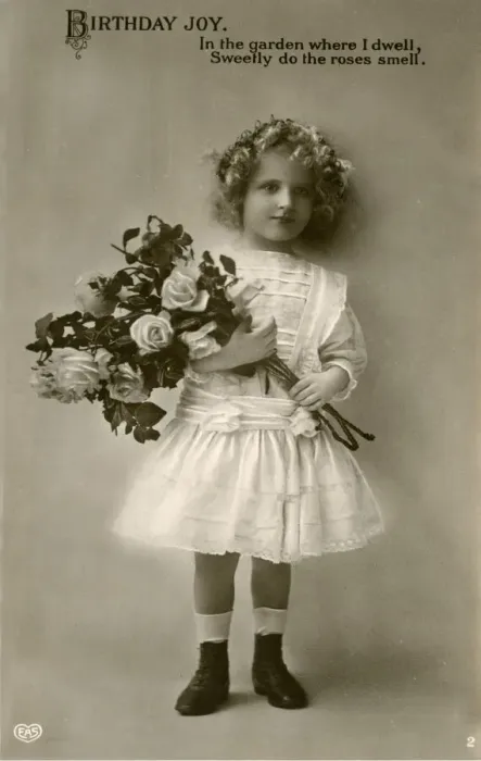 Framed Print : Birthday postcard, little girl with roses and verse Framed Print : Birthday postcard, little girl with roses and verse