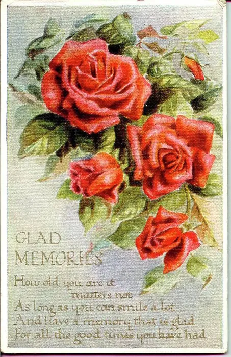 Framed Print : Birthday postcard, Orange roses, Glad Memories, with verse Date: early 20th century Framed Print : Birthday postcard, Orange roses, Glad Memories, with verse Date: early 20th century