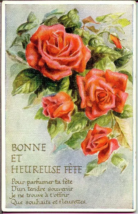 Framed Print : Birthday postcard, Orange roses, Bonne et Heureuse Fete Date: early 20th century Framed Print : Birthday postcard, Orange roses, Bonne et Heureuse Fete Date: early 20th century