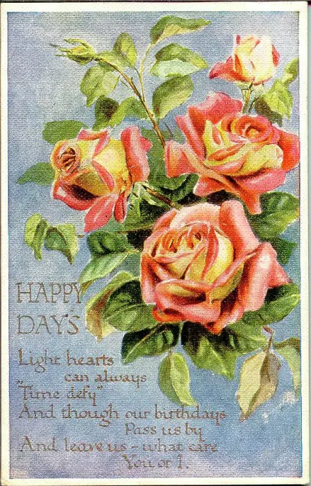 Framed Print : Birthday postcard, Pink and yellow roses, Happy Days Date: early 20th century Framed Print : Birthday postcard, Pink and yellow roses, Happy Days Date: early 20th century