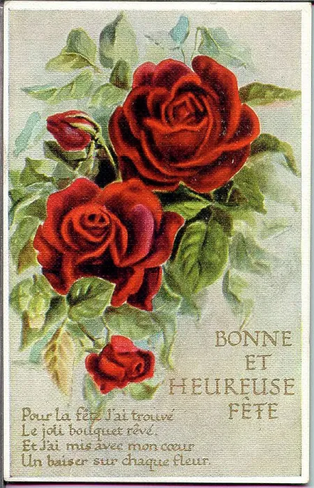 Framed Print : Birthday postcard, Red roses, Bonne et Heureuse Fete Date: early 20th century Framed Print : Birthday postcard, Red roses, Bonne et Heureuse Fete Date: early 20th century