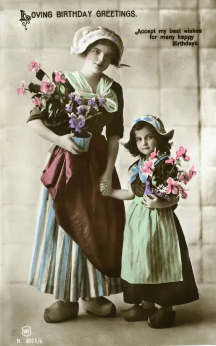 Framed Print : Birthday postcard, woman and girl with flowers Framed Print : Birthday postcard, woman and girl with flowers