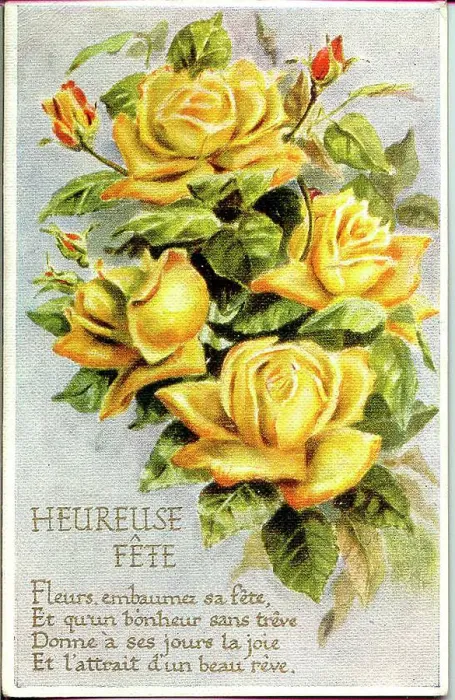 Framed Print : Birthday postcard, Yellow roses, Heureuse Fete Date: early 20th century Framed Print : Birthday postcard, Yellow roses, Heureuse Fete Date: early 20th century