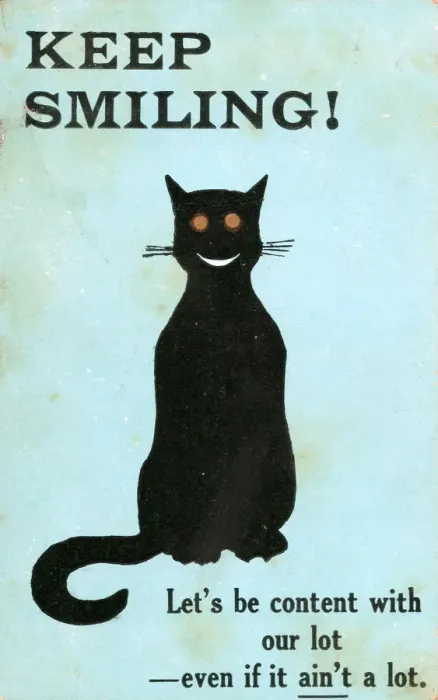 Framed Print : Black cat on a postcard - Keep Smiling Framed Print : Black cat on a postcard - Keep Smiling
