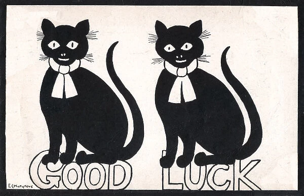 Two black cats for Good Luck - WW1 era postcard