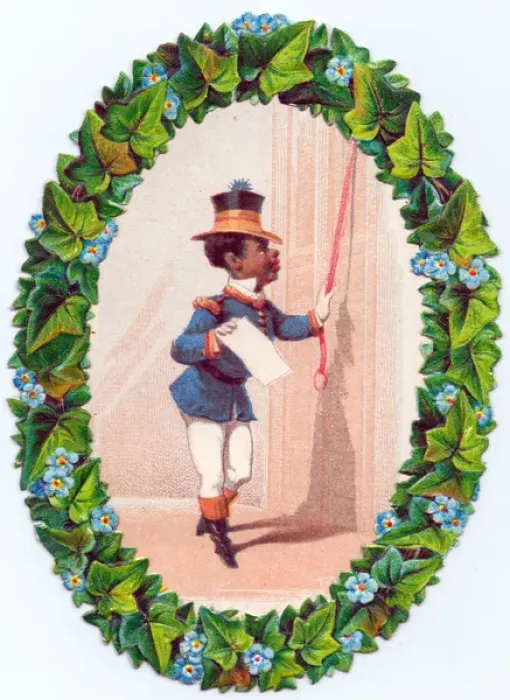 Framed Print : Black man delivering a letter on a greetings card Framed Print : Black man delivering a letter on a greetings card