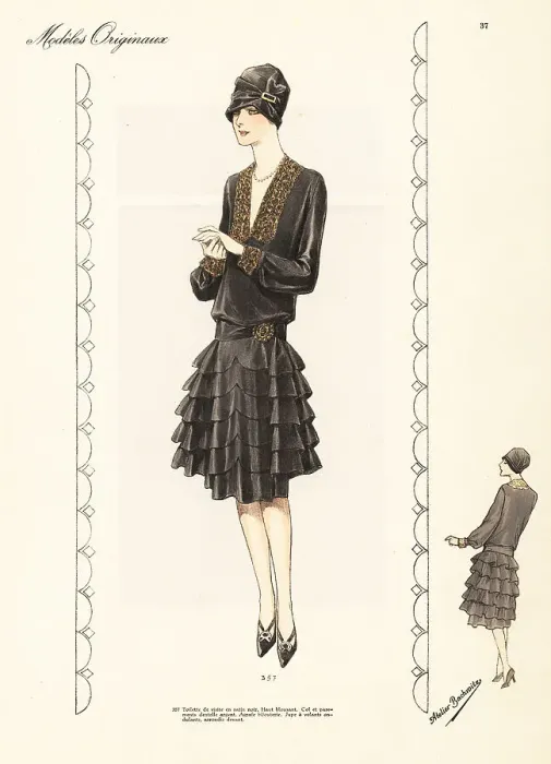 Framed Print : Black satin visiting dress, skirt with six flaring flounces Framed Print : Black satin visiting dress, skirt with six flaring flounces