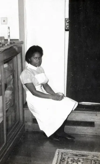 Framed Print : Black student nurse sitting on the step inside Womans Hospi Framed Print : Black student nurse sitting on the step inside Womans Hospi