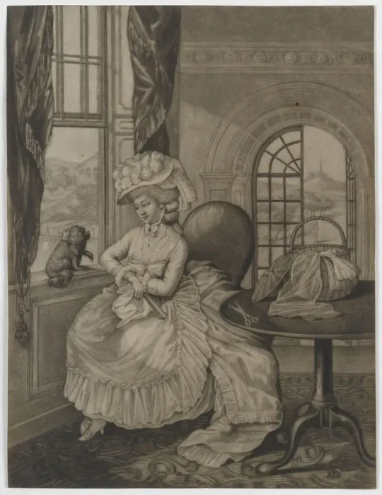 Framed Print : Print. Black and white mezzotint depicting a woman seated by an open window Framed Print : Print. Black and white mezzotint depicting a woman seated by an open window