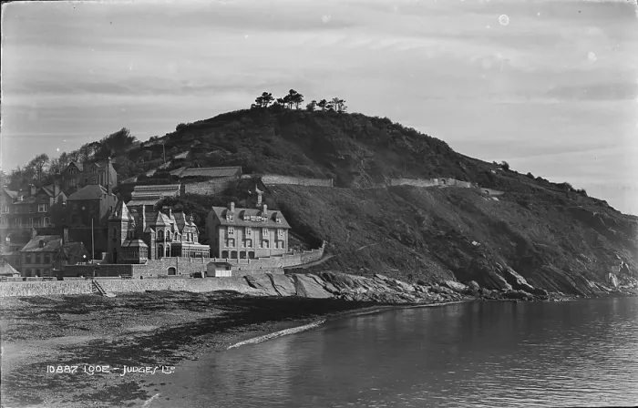 Framed Print : Looe. This black and white photograph captures a scenic view of a coastal area Framed Print : Looe. This black and white photograph captures a scenic view of a coastal area