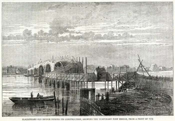 Framed Print : Blackfriars old bridge during construction, showing the temporary foot bridge Framed Print : Blackfriars old bridge during construction, showing the temporary foot bridge