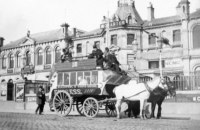 Framed Print : Blackpool Aquarium in 1890 Empress Horse Bus Service Framed Print : Blackpool Aquarium in 1890 Empress Horse Bus Service