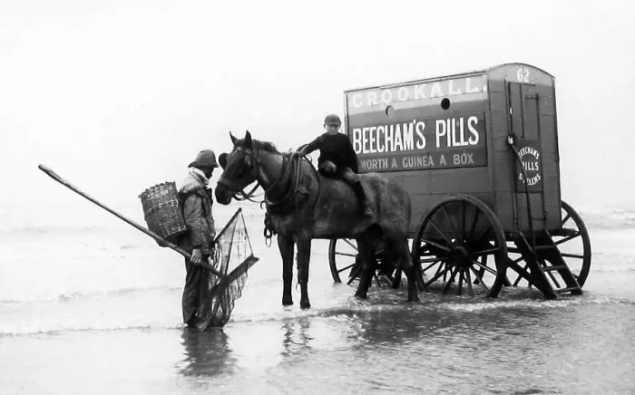 Framed Print : Blackpool Shrimper and bathing machine in 1890 Framed Print : Blackpool Shrimper and bathing machine in 1890